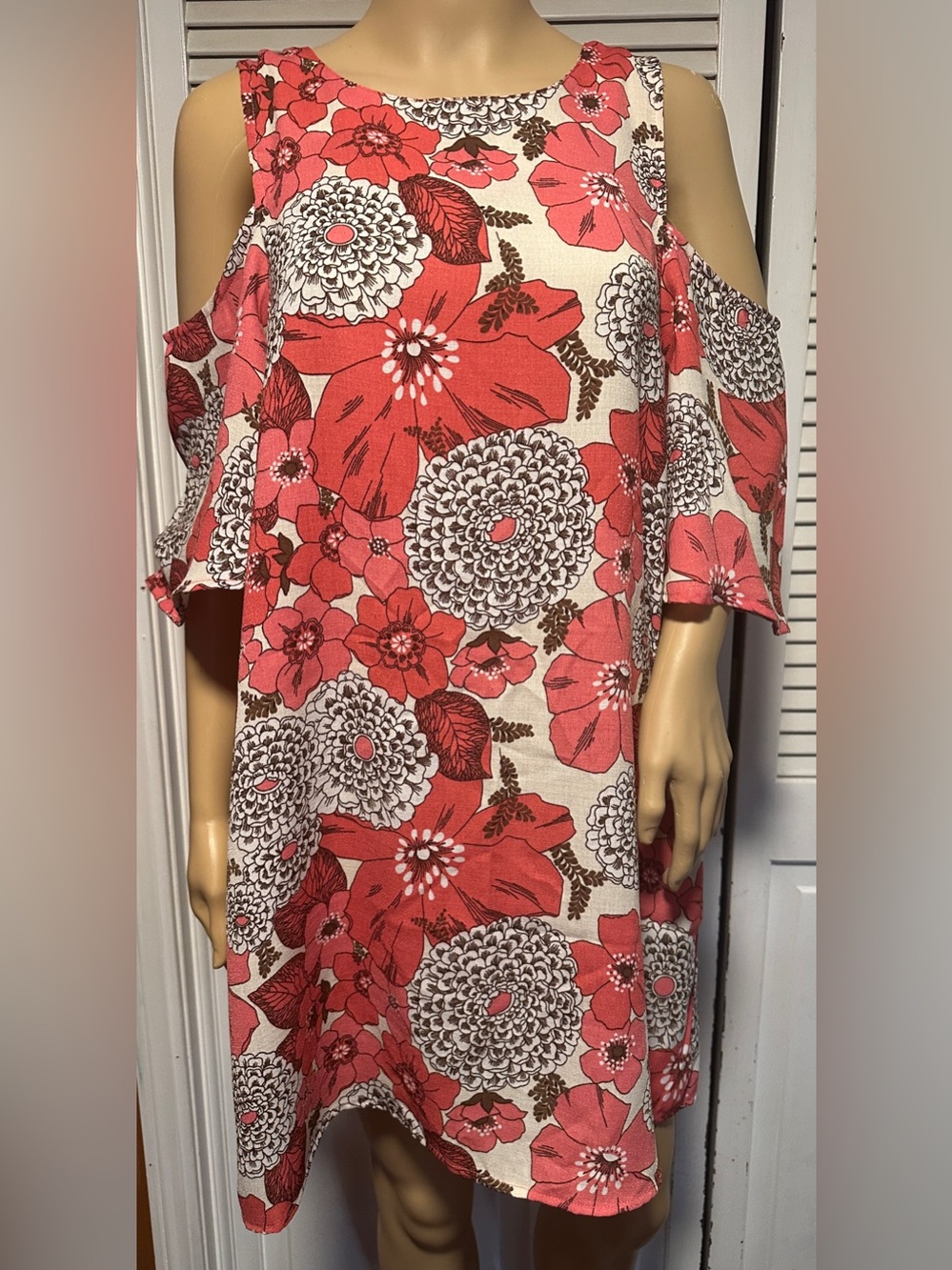 Umgee Boho Coral Pink & Cream Floral Print Cold Shoulder Dress S